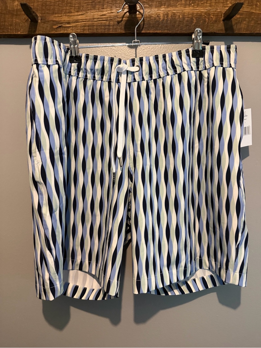 Saks Fifth Avenue Navy, White & Light Blue Wave-Print Swim Trunks